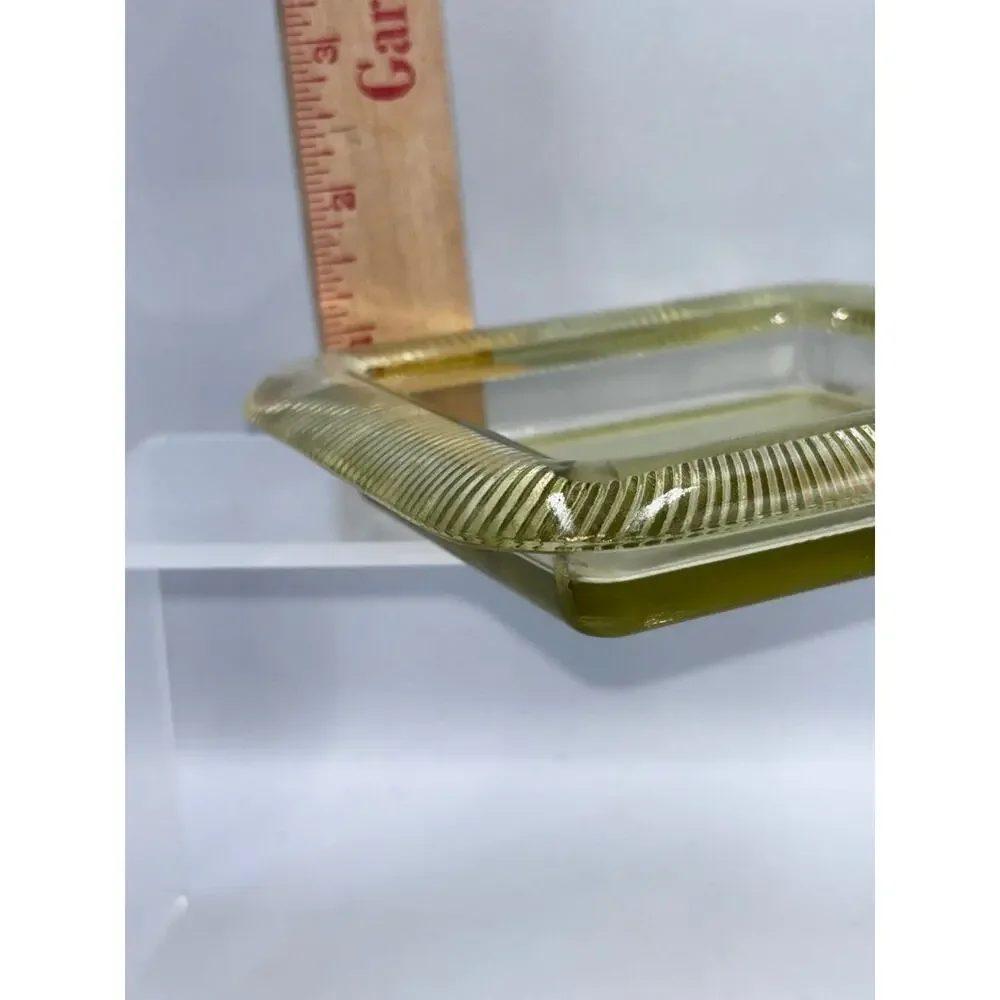 Vintage Uranium Yellow Glass Square Dish Ribbed Vaseline Glows Ribbed Border